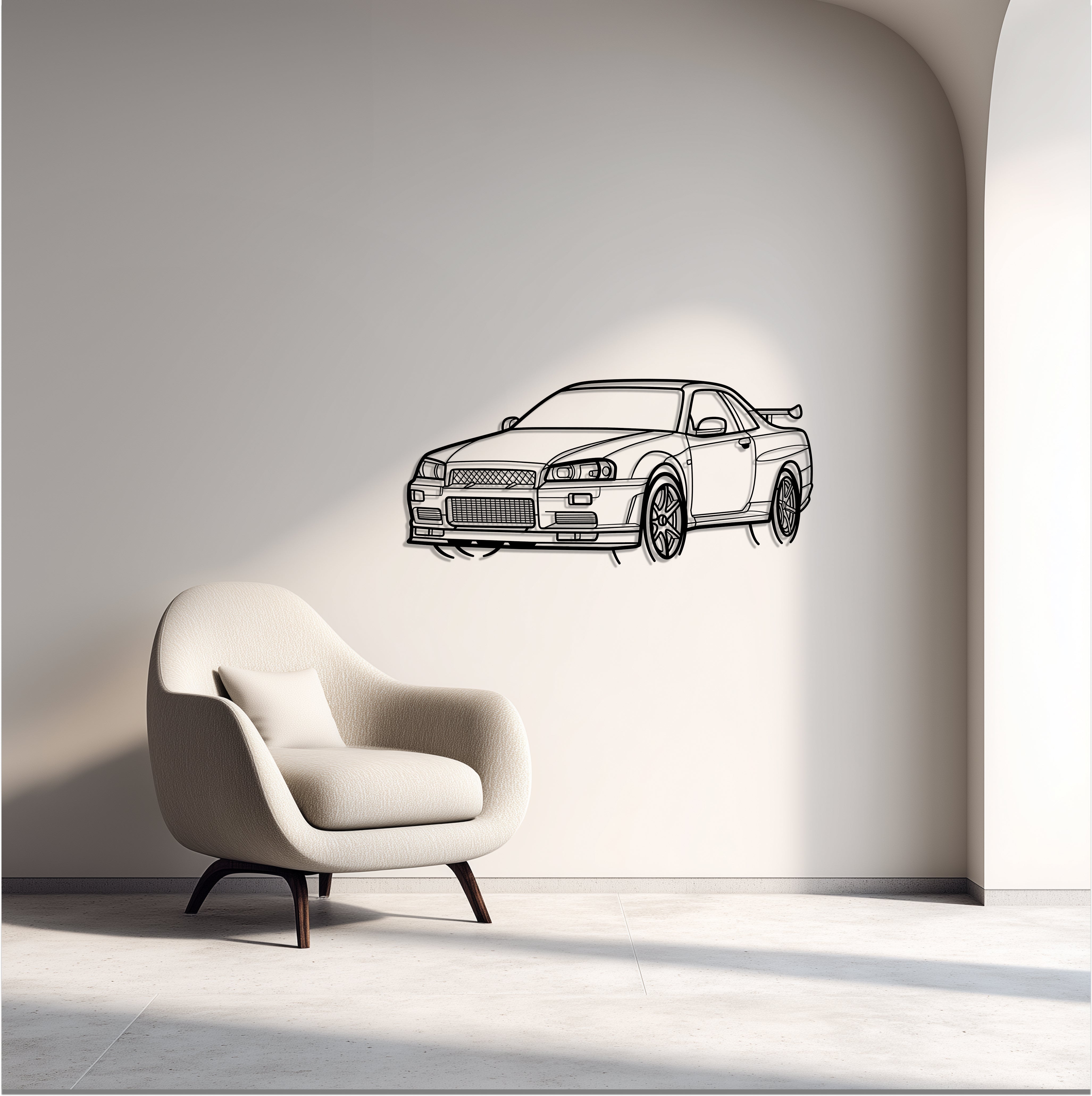 Nissan Skyline R34 Metal Car Silhouette Wall Art — Front 45°