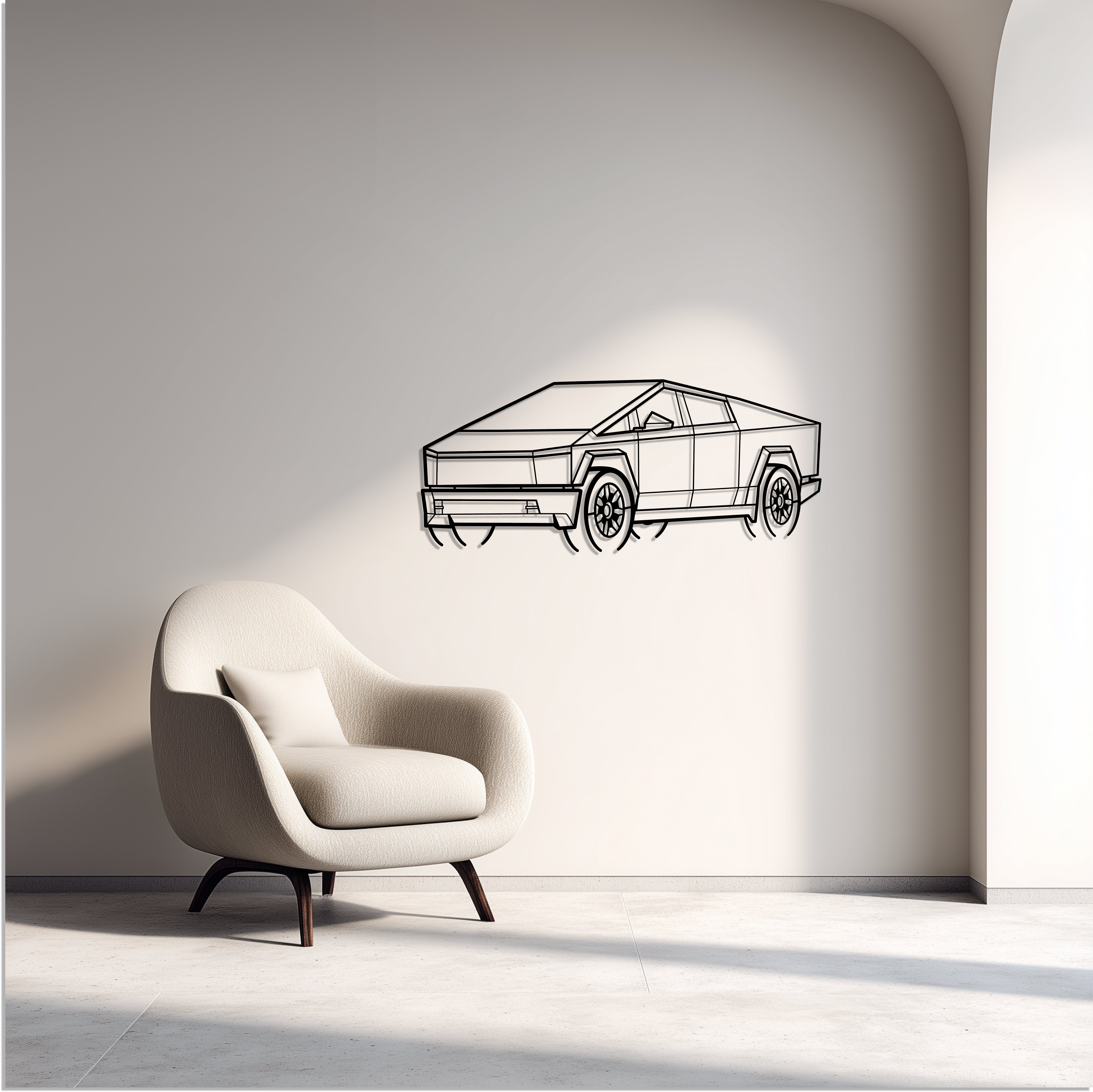 Tesla Cybertruck Metal Car Silhouette Wall Art — Front 45°