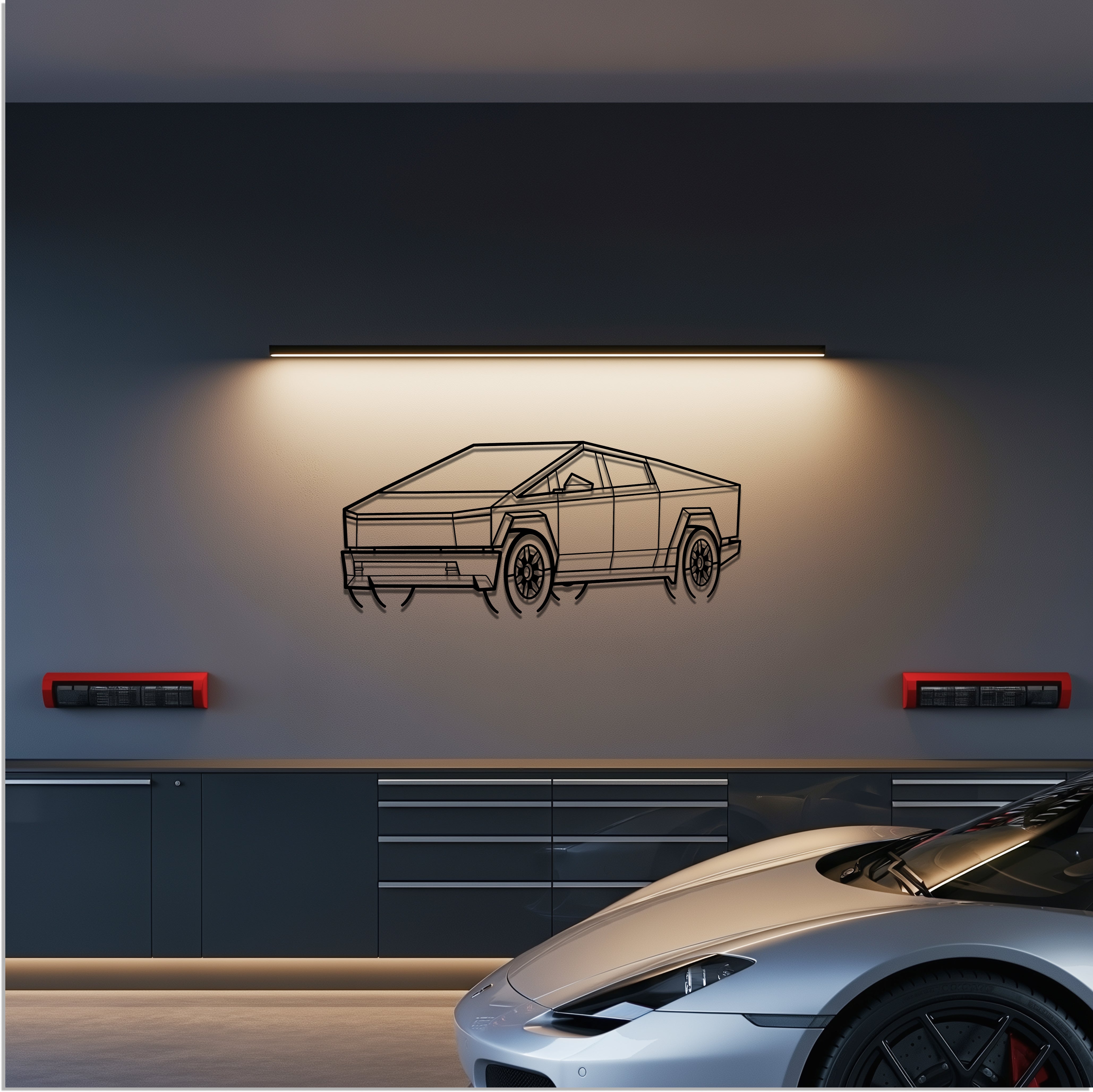 Tesla Cybertruck Metal Car Silhouette Wall Art — Front 45°